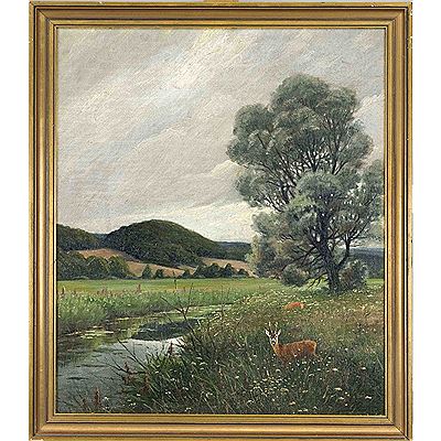Landscape with Deer by a Stream by Peter Paschen - Auction record, sale price, and art valuation. Compare with similar artists and explore comparable artworks.