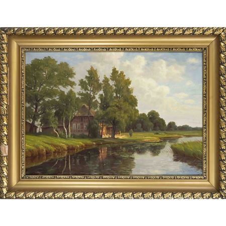 Large river landscape with half-timbered house
