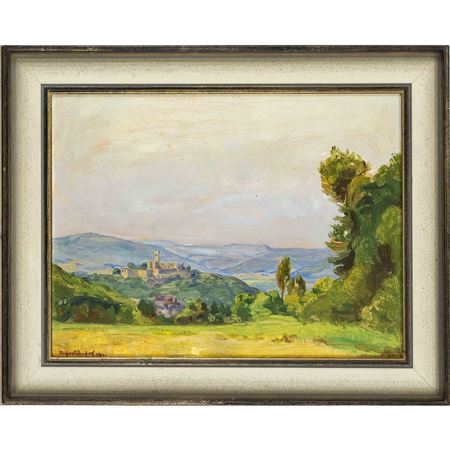Small low mountain landscape with castle ruins