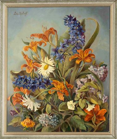 Summer bouquet with delphiniums, fire lilies and daisies
