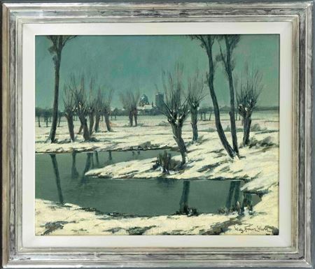 Snow-covered Rhine meadows with a view of Neuss