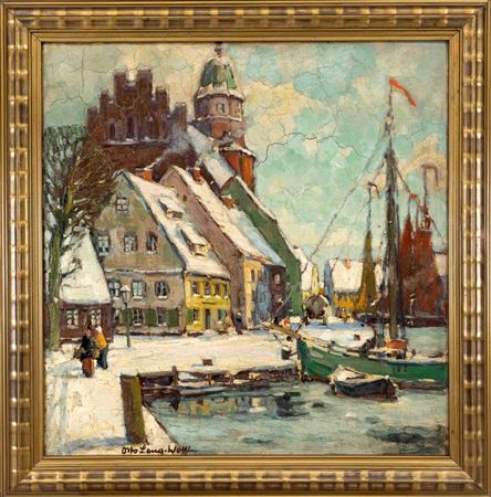 Wintry view of a small Pomeranian town with harbor