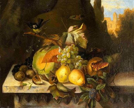 Fruit still life with bird