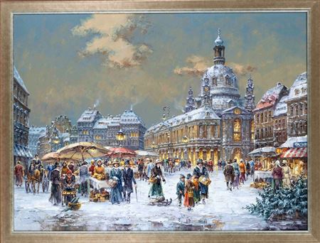 Old town square with market in winter, based on Dresden by Horst Miesler - Auction record, sale price, and art valuation. Compare with similar artists and explore comparable artworks.