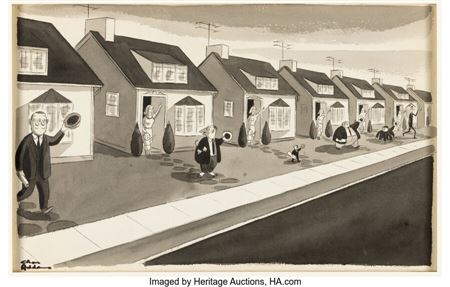 Charles Addams Cosmopolitan "Suburbia" Illustration Original Art (Hearst Publication, 1956)