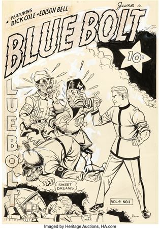 Al Plastino Blue Bolt V4#1 (#37) Cover Original Art (Novelty Press, 1943).