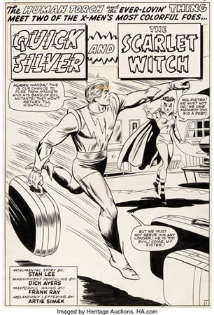 Dick Ayers and Frank Giacoia (as "Frank Ray") Strange Tales #128 Splash Page 1 Quicksilver and Scarlet Witch Original Art (Marvel, 1965).
