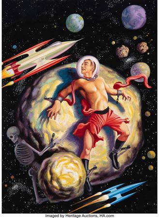 Stay Out of Space, Imaginative Tales magazine cover by Lloyd Rognan - Auction record, sale price, and art valuation. Compare with similar artists and explore comparable artworks.