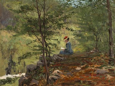 FOREST LANDSCAPE WITH A LADY READING