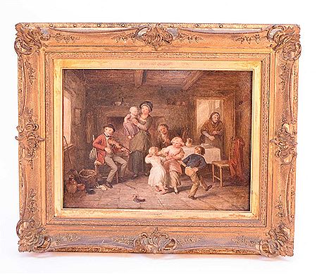 Interior scene showing a family playing music with children dancing around the room by John Masey Wright - Auction record, sale price, and art valuation. Compare with similar artists and explore comparable artworks.