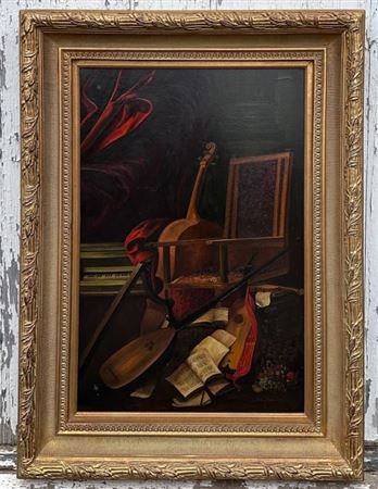 Still Life Showing Various Musical Instruments with Chair and Flowers