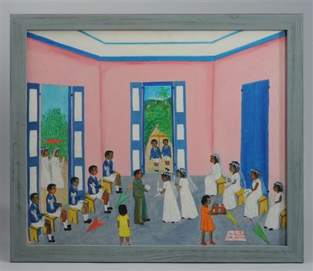 Children Making Their First and Solemn Communion in a Room with Pink Walls and Blue Window Frames
