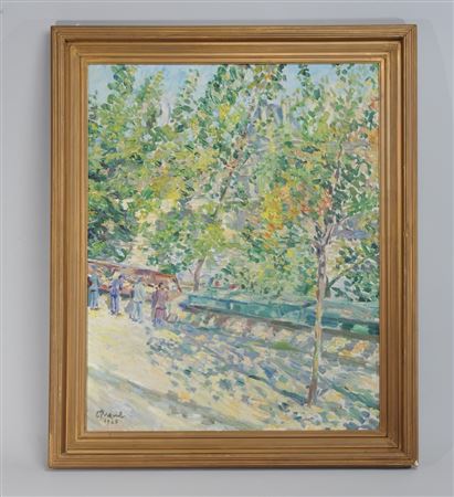 View of People at Market Stall in a Leafy Park