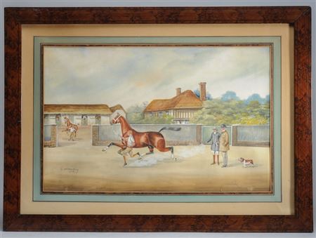 A horse being excercised by a groom, while two gentlemen and a dog look on