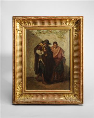 A man and woman caught in a slant of shadow near a wall, dressed in traditional regional clothing