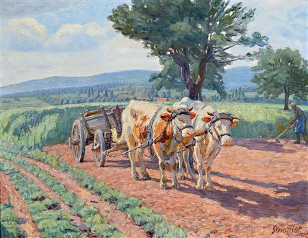 Ox Cart and plowing farmer in a summer landscape, view of the bluesilhouette of the palatinate forest