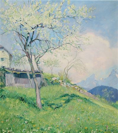 Flowering tree on an alpine pasture in a high mountain landscape