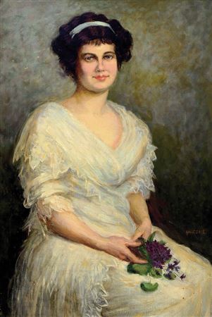 Large female portrait, young woman with bouquet of flowers and white dress by Erzsebet Kalicza - Auction record, sale price, and art valuation. Compare with similar artists and explore comparable artworks.