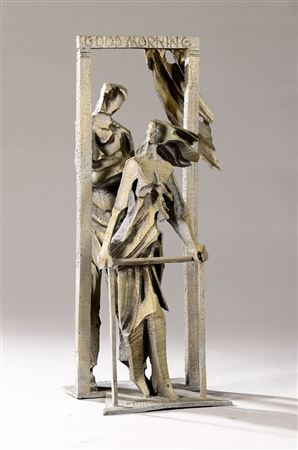 Good Morning, large sculpture with two stylized people at the window and balcony