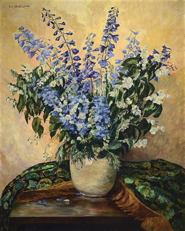 Floral still life with delphiniums and snapdragons by Rudi Mullers - Auction record, sale price, and art valuation. Compare with similar artists and explore comparable artworks.