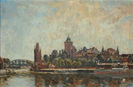 View of Lübeck, with anchored warship