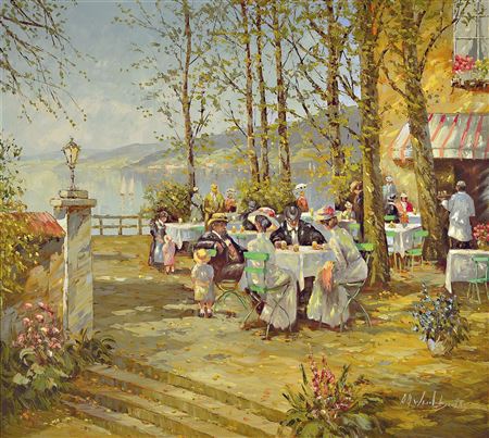 Summer beer garden with lake view
