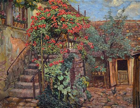 Rural courtyard with blooming climbing roses