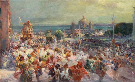 Nice Carnival around the Albert 1er garden with the Palais de la Jetée in the background