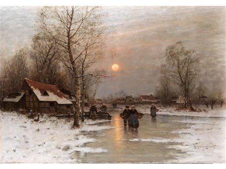 AUFGEHENDER MOND ÜBER VEREISTER DORFSTRASSE MIT LANDVOLK by Johann Jungblut - Auction record, sale price, and art valuation. Compare with similar artists and explore comparable artworks.