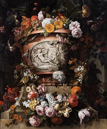 MAGNIFICENT VASE WITH FIGURAL RELIEF AND RICH FLORAL DECORATION