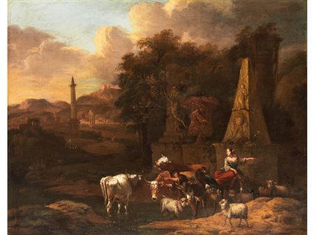 ARCADIAN LANDSCAPE WITH A PASTORAL IDYLL UNDER ANCIENT MONUMENTS