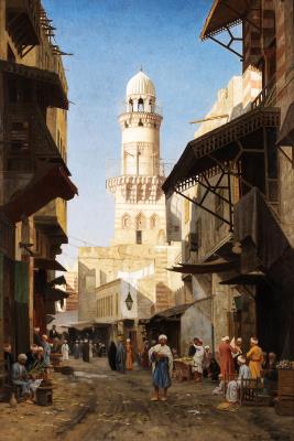 Cairo Street Scene with Minaret in the Background