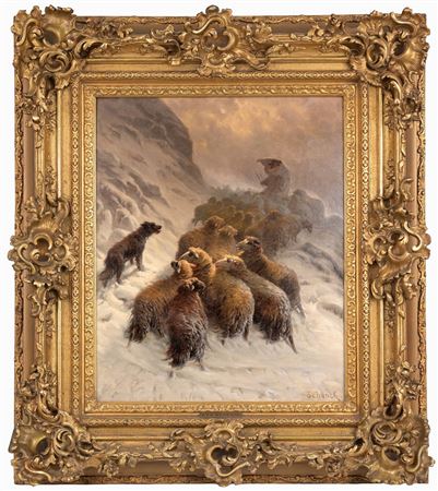 Shepard with Sheep on Wintery Hillside