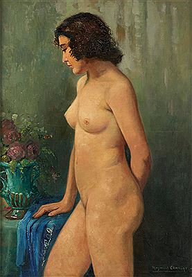 Young naked woman with a flower vase