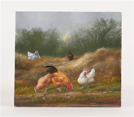 Rooster and hens in the hay