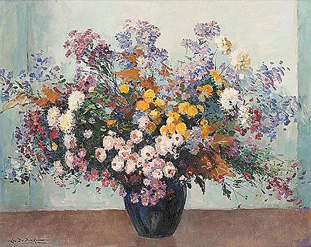 Spring bouquet in a blue vase. by Luc de Decker - Auction record, sale price, and art valuation. Compare with similar artists and explore comparable artworks.