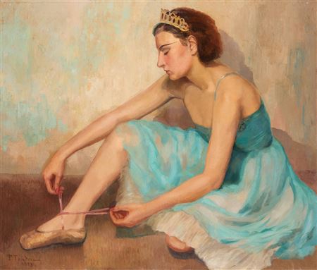 Ballerina lacing her slippers