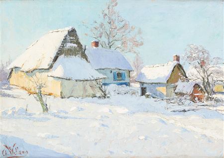 Sunny morning over thatched cottages