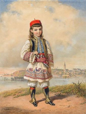 Alexander I Obrenović (1876-1903), King of Serbia, as a child in Serbian national costume
