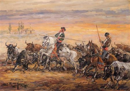 Bulls and bullfighter by Lope Tablada - Auction record, sale price, and art valuation. Compare with similar artists and explore comparable artworks.