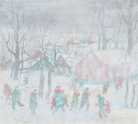 Snowy Village Scene with Many Figures