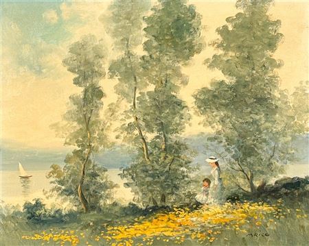Two Girls Standing In Wildflowers By A Lake