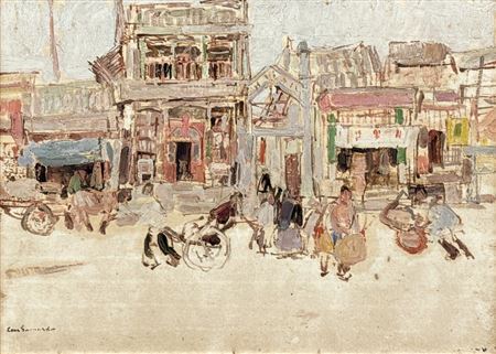 Chinese Street Scene With Rickshaw