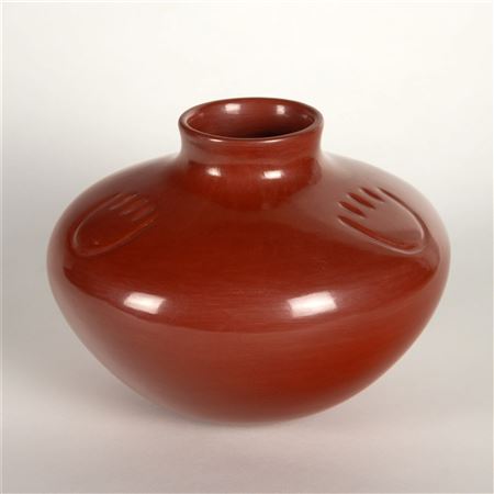 SANTA CLARA PUEBLO REDWARE JAR WITH BEAR PAWS