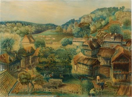 Dorf mit Fachwerkhäusern in hügeliger Landschaft