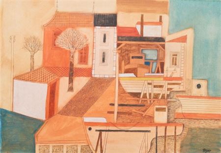 Double-sided Drawing - Boat in Dock / Reverse: Three Persons (possibly with Self-portrait?)
