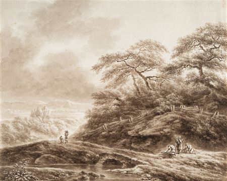Landscape with Peasants on a Path by Johann Albrecht Friedrich Rauscher - Auction record, sale price, and art valuation. Compare with similar artists and explore comparable artworks.