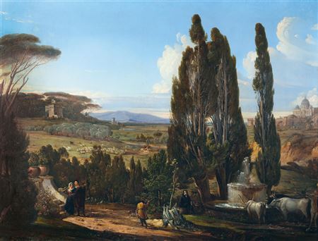 Roman Campagna landscape with the Villa of Raphael by Franz Nadorp - Auction record, sale price, and art valuation. Compare with similar artists and explore comparable artworks.