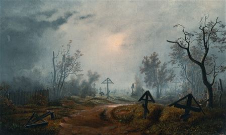 Foggy Russian graveyard by Julius Karl von Leypold - Auction record, sale price, and art valuation. Compare with similar artists and explore comparable artworks.