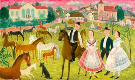 Sample artwork by Istvan Pekary (1905 - 1981), known for folk art exploration, intentional primitiveness, egg-shell painting style. - View similar artists and auction records